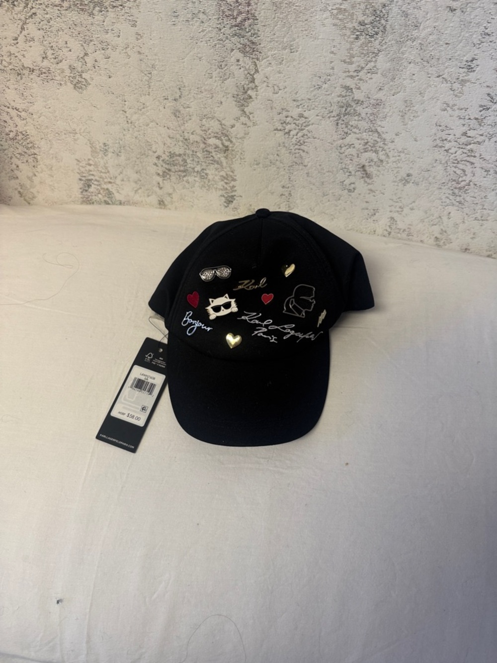 Karl Lagerfeld Black Cap with Embellished Graphics